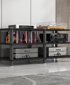 Support Audio Moderne à 3 Niveaux avec Cadre en métal, Meuble stéréo Multifonction pour la Maison et Le Bureau, étagère de Rangement Ouverte 120 x 40 x 50 cm