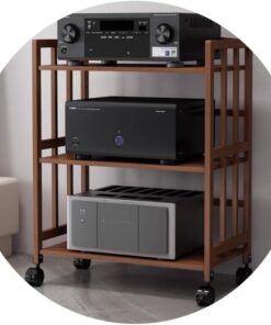 Meuble audio HiFi - Rack en bambou pour équipement stéréo, étagère AV avec rouleau, design robuste pour composants audio et vidéo