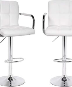 Lot de 2 tabourets de Bar, Cuisine, Assise et Dossier en Simili Cuir, Base en métal chromé avec Repose-Pieds et accoudoirs, Tabouret Design Moderne, pivotant, Hauteur réglable (Blanc)