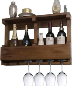 Casier à vin Mural Rustique en Bois Massif avec étagère en Verre. Décoration élégante pour Bar et Cuisine, idéal pour Exposer et Ranger Le vin. Solution de Rangement Artisanale pour Les AMAT