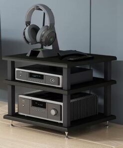 Meuble Hi Fi Ouvert, Meuble Rack Audio avec Clous Amortisseurs, Meuble Stéréo avec Cadre en Acier, Meuble de Rangement Vidéo, pour Composants Stéréo de Divertissement(Nero,3 tier 40x35x33CM