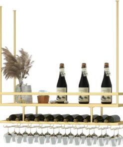Casier à vin Suspendu avec Support en Verre et étagère, Hauteur réglable en métal et Bois Massif, Support à Verres à vin pour Bar de Plafond, Support à vin et Verres Mural industri