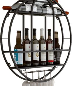 Porte-Bouteilles de vin Mural Rond, étagère à liqueurs de Bar avec Support en Verre, présentoir Suspendu pour la Cuisine de la Salle à Manger du Bar à la Maison - Or, Noir
