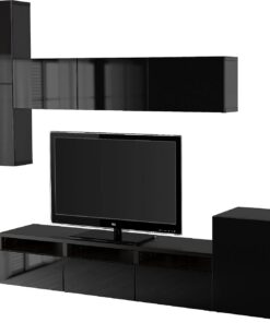 ProTuning BESTÅ Combinaison de rangement pour téléviseur/portes en verre, noir-marron/Selsviken brillant/verre fumé noir, 300 x 42 x 211 cm
