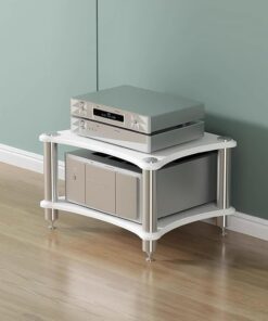 Meuble Audio Moderne Blanc à 2 Niveaux - Élégant Support pour Platine Vinyle stéréo, Meuble multimédia pour équipement Audio-vidéo Domestique, Design aux Angles arrondis, Solution de rangeme