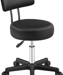 SONGMICS Tabouret à roulettes avec Dossier, Tabouret de Travail en Cuir PU, Réglable en Hauteur, Pivotant à 360°, 50 x 50 x 83,5 cm, Noir, pour Salon de Beauté, Bureau, Collection Activo OSC071B101