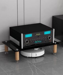 Meuble Hi FI, Rack Audio avec Panneau en Verre Trempé, Meuble Audio Vidéo, Meuble Rack Audio avec Pieds Amortisseurs, Meuble Stéréo Ouverte, avec Colonnes en Bois(Black+Wood,1-Tier)