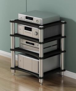 Meuble Audio à 4 Niveaux en Bois Noir - Support pour Platine Vinyle stéréo, Meuble multimédia AV, étagères de Rangement pour équipement Home cinéma, Design aux Angles arrondis, mobilier Mode