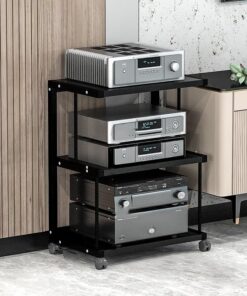 Étagère AV, meuble de présentation, support multimédia, support audio, support de console de jeu, avec roulettes, étagère d'angle avec étagères de rangement, tour de support audio stéréo, pour salle