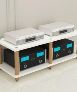 Meuble Hi FI, Meuble Audio Vidéo en Bois Massif, avec Pieds antidérapants, Meuble stéréo à Double Position, Meuble Rack Audio for Lecteur CD et composant stéréo(Wit,47.2x18.1)