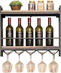Casier à vin Mural Vintage pour Bouteilles de vin, étagères suspendues pour Bar de Cuisine, étagère à vin Rustique en Bois, Support pour Bouteilles de vin en métal et Fer, Support pour Verre