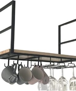 Casier à vin de Plafond - Étagère à vin en métal avec Support en Verre, Support à Verres à vin Multifonctionnel Suspendu, Supports à Verres à Pied, pour Bar café Cuisine (Couleur :