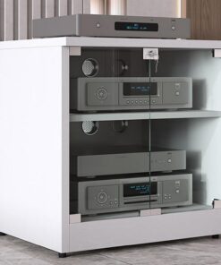 Meuble HiFi à 3 Niveaux, Meuble Rack Audio avec étagères réglables, Meuble stéréo avec Porte en Verre trempé, Meuble Audio Vidéo(Wit,60cm/23.6in (2 Tier))