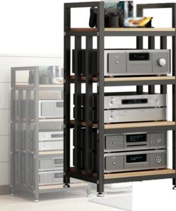 Support Audio, Support multimédia, Support multimédia, Armoire pour Composants Audio/vidéo, Support stéréo à 4 Niveaux, Tour Debout avec Panneaux en Bois réglables en Hauteur pour la Maison/