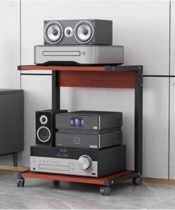 Meuble multimédia AV à 2 Niveaux, Meuble HiFi, Meuble stéréo, Tour Audio en Bois avec roulettes, étagère Audio-vidéo Moderne, Console de Jeux, étagère de Divertissement(Rot,50x40x60cm)