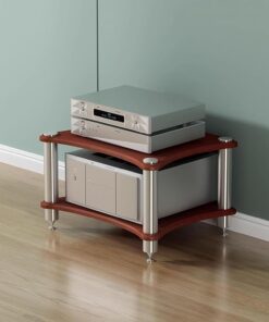 Meuble Audio Moderne à 2 Niveaux en Noyer - Support pour Platine Vinyle stéréo - Meuble multimédia AV - Rangement pour équipement Audio-vidéo Domestique - Design élégant aux Angles arrondis