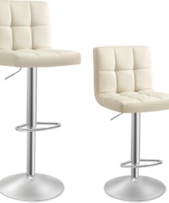 SONGMICS Tabourets de Bar, Lot de 2, Réglables en Hauteur, Surface en PU, Siège Pivotant à 360°, Chaise de Cuisine, Dossier, Repose-Pieds, Salle à Manger, en Acier, Beige Sable LJB064K03
