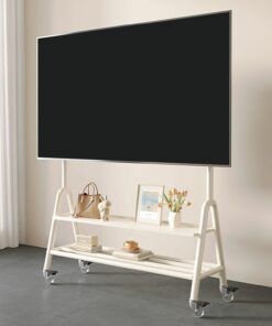 Support TV sur Pied Mobile Réglable, Chariot TV Mobile avec Plateau de Rangement Double Couche, Meuble TV Mobile avec Poulie Rotative À 360°, pour Écran de 60 À 100 Pouces(White A)