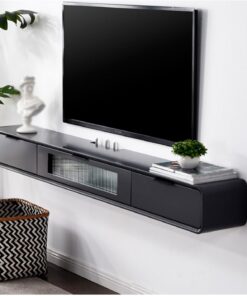 Armoire murale flottante avec porte en verre et 2 tiroirs de 160 cm, meuble de rangement pour salon, noir, 160 cm