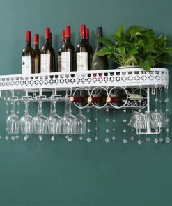 casier à vin, casier à vin Mural Blanc avec Support à Verres à vin inversé en Cristal et Support à gobelets, Design de Garde-Corps, Porte-Bouteilles en Fer, étagère à vin pour Bar,