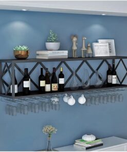 Étagère à vin Murale Flottante avec Support à Verres Suspendu, étagère multifonctionnelle en Fer pour Bouteilles de vin, pour Bar, Cuisine, décoration, Noir (100 x 250 x 40 cm)