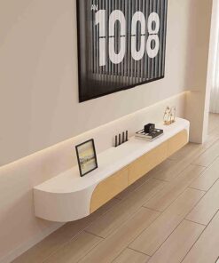 Étagère TV Flottante Meuble TV Suspendu en Bois avec Porte Battante Étagère TV Murale avec Tiroirs Console Multimédia TV avec Trous de Câble pour Salon Chambre à Coucher Maison.
