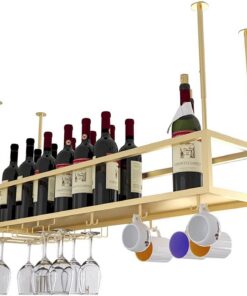 Casier à vin de Plafond en métal doré, présentoir à vin de Plafond, présentoir à vin en métal avec Verres à Pied, étagère en Verre pour Bar de Cuisine, sous Armoire, Hauteur et Largeur régla