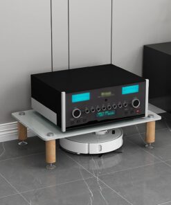 Étagère Support HiFi 1 à 4 niveaux | Verre trempé 8mm structure bois massif, pieds amortisseurs de vibrations , Meuble audio studio enregistrement salle jeu home cinéma(White,23.6*18.9*5.5in)