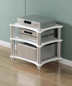 Meuble Audio à 3 Niveaux en Bois Blanc - Support pour Platine Vinyle stéréo - Meuble multimédia AV - Rangement Audio-vidéo pour la Maison - Design élégant avec Coins arrondis