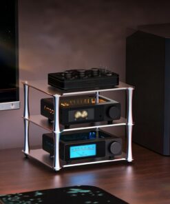 Meuble HiFi 3 Niveaux, Support Audio en Aluminium Robuste, pour Ampli et Platine, Petite Étagère Compacte pour Bureau, Rack Stable