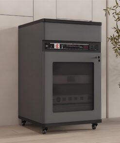 Rack audio, meuble de rangement multimédia, support multimédia avec étagères réglables en hauteur, meuble stéréo avec portes en verre et roulettes for réunion, salon, salle d'enregistrement(Gra