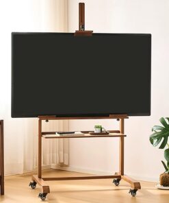 Support TV sur Pied Mobile en Bambou, Support TV roulettes, Chariot TV Mobile Réglable, Support TV avec Étagère AV en Rotin, Meuble TV Universel pour Téléviseurs de 32 À 65 Pouces