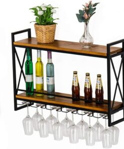 Étagère Murale Vintage pour Bar Cuisine, Étagère Murale à 2 Niveaux pour Bouteilles de Vin et Porte-Verre à Vin, Étagères Flottantes Rustiques en Métal et Bois (Taille : 80×20×55cm)