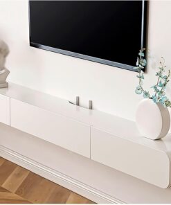 Meuble TV mural flottant noir avec tiroirs et porte – Meuble TV en bois massif blanc avec trou de routeur et dos creux – Étagère de rangement pour console multimédia de salon