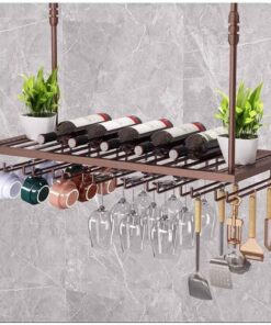 Porte-Bouteilles à vin Suspendu avec Support en Verre, Support de Verre à vin réglable, Support de Plafond pour Bouteilles de vin, étagères parfaites pour Bar, Cuisine, Laiton - 80
