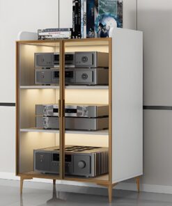 Rack Audio AV à 4 niveaux, avec portes en verre, Meuble Rack Audio, étagère de rangement multifonction for bureau à domicile, Meuble stéréo, centre de divertissement d'angle(Wit,23.6"x16.5"x46.