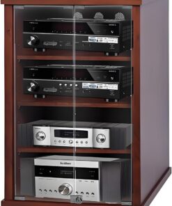 Support Meuble HiFi avec 4 étagères réglables en hauteur, Rack Audio avec porte en verre trempé, Meuble stéréo multimédia for composants stéréo de divertissement for le salon, les jeux(22"x23.6