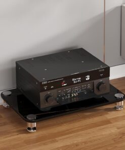 Meuble HiFi à 4 niveaux, Meuble Rack Audio avec grand espace de rangement, Meuble Audio Vidéo, verre trempé, support audio avec pointes absorbant les chocs, forte capacité de charge(Nero,10cm