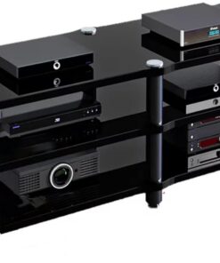 meuble chaine hifi meubles pour audio/vidéo Armoire stéréo hi-fi noire, support multimédia AV double largeur robuste – Affichage stéréo/amplificateur/accessoires TV/lecteur DVD, composant stéréo domes