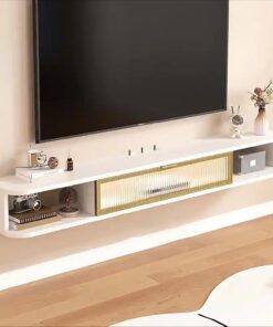 Support TV flottant, console TV multimédia moderne avec porte à rabat coulissante, console multimédia avec étagère de rangement, console multimédia murale, meuble TV pour salon, chambre à co