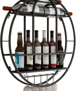 Étagère à vin Murale Ronde Industrielle avec Support pour Verre à vin, étagère de Rangement Murale pour Bouteilles de vin pour décoration de Bar ou de Cuisine