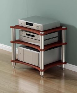 Meuble Audio en Bois de Noyer à 3 Niveaux - Support pour Platine Vinyle stéréo et appareils multimédias AV, Rangement pour équipements Audio-vidéo domestiques, Design aux Coins arrondis