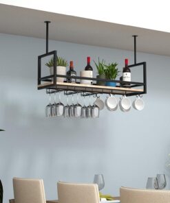 Porte-Verres à vin de Plafond en métal avec étagère en Bois Massif pour Bar/Cuisine, Support de Rangement et d'exposition Multifonctionnel pour Plafond, Design en Fer forgé