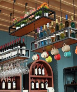 Présentoir à vin en métal pour Verres à vin, Support à vin Suspendu, étagères flottantes pour Bar, Support pour Bouteille de vin Suspendu avec étagère en Verre à Pied, pour Bar, ca