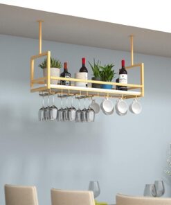 Support de Verre à vin de Plafond en métal avec étagère en Fer forgé et Bois Massif, présentoir de Rangement de Plafond pour Bar/Cuisine, Organisateur Multifonctionnel