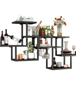 Étagère à Bouteilles en Fer pour Bouteilles d'alcool, étagères de Bar en métal, étagère à vin Murale avec Support de Verre à vin Suspendu, étagères de présentation pour Bouteilles