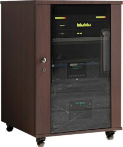 Meuble Stéréo AV, Meuble Rack Audio Mobile, Support Multimédia Audio Vidéo, Meuble Hi FI Audio avec Étagères Réglables, Meuble Audio Vidéo avec Porte Vitrée(Brown,56x57x83CM)