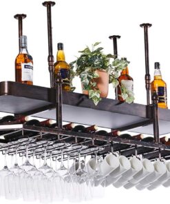 Casiers À Vin Maison/Bar Rétro Industriel Fixé Au Mur avec Porte-Verre, Étagères À Vin Suspendues en Métal Rustique, Porte-Bouteille À 2 Niveaux, Étagère Murale, pour Bar/Cuisine/A