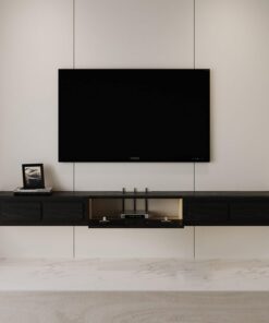 Console TV murale en bois massif, meuble TV flottant, meuble TV mural avec 2 tiroirs, étagère audio/vidéo, meuble de rangement avec larges comptoirs pour le salon de la maison (noir, 120 x 2
