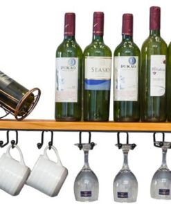 Casier à vin Décoration de Bar Support Mural Industriel pour Maison, Support de Bouteille de vin en Bois Rustique, Supports de Rangement pour Verres à Pied, pour Cuisine/Bar/armoir